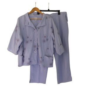 Vintage Lagenlook Pants Suit‎ Embroidery Capri Oversized Purple Size XL Focus
